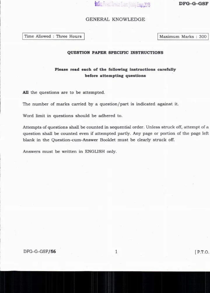 Indian Forest Service (Main) 2019 General Knowledge question paper page 1 instructions scan PDF download UPSC IFS