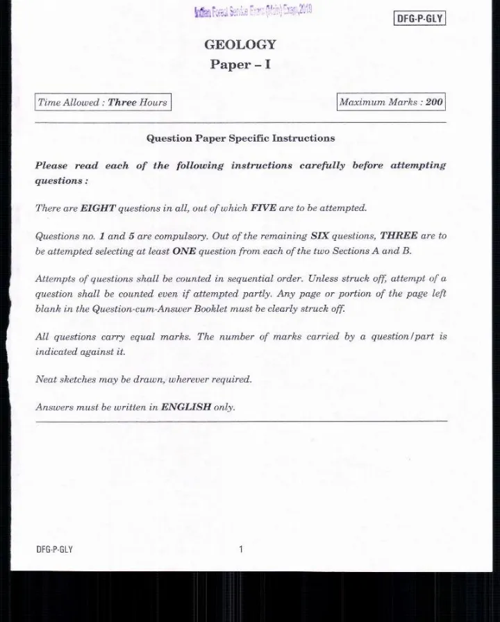 Indian Forest Service (Main) Examination 2019 GEOLOGY Paper I question paper page 1 instructions scan PDF download