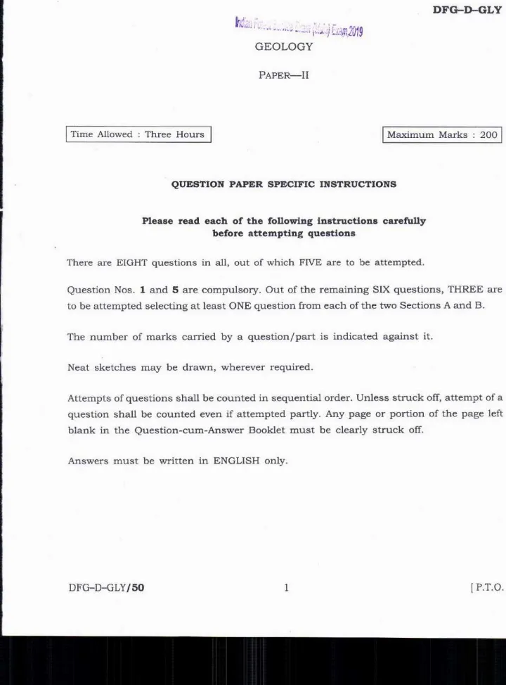 Indian Forest Service 2019 Geology Paper II question paper page 1 instructions scan PDF download UPSC IFS Main Exam