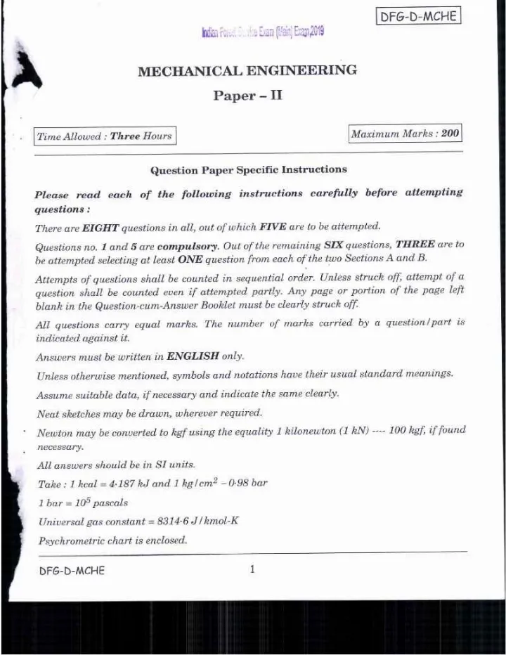 Indian Forest Service (Main) Examination 2019 Mechanical Engineering Paper II question paper page 1 instructions scan PDF download UPSC