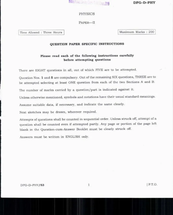 Indian Forest Service 2019 Physics Paper II question paper page 1 instructions scan PDF download