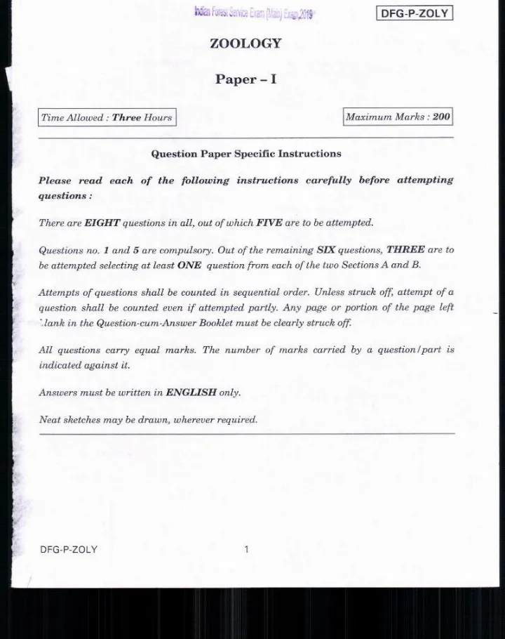 Indian Forest Service Main Examination 2019 Zoology Paper I page 1 instructions and header scan PDF download