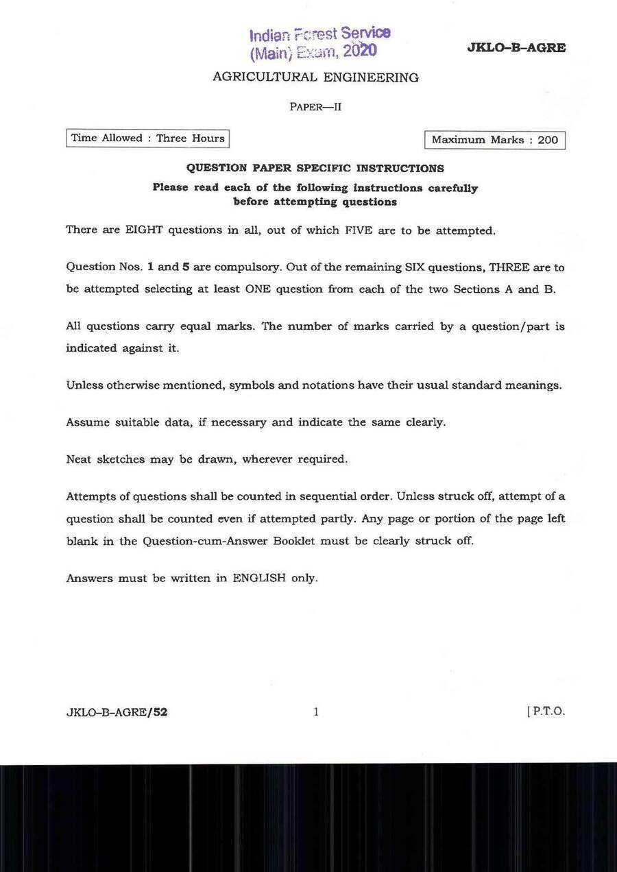 Indian Forest Service 2020 Agricultural Engineering Paper II question paper page 1 instructions scan PDF download