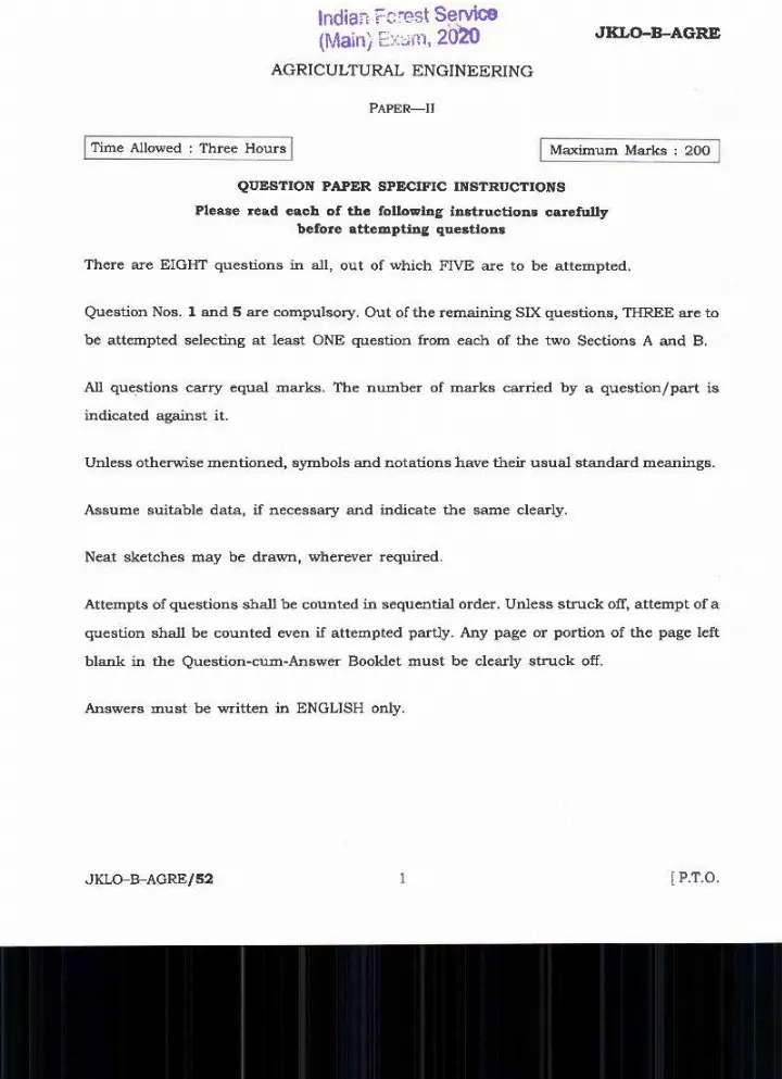 Indian Forest Service 2020 Agricultural Engineering Paper II question paper page 1 instructions scan PDF download