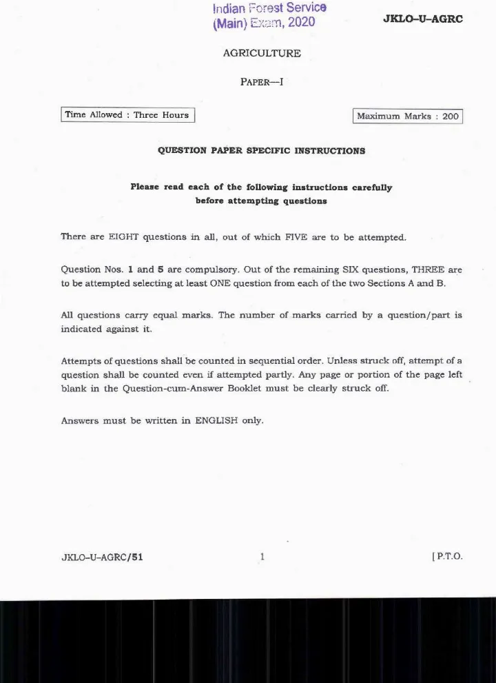 Indian Forest Service Main Examination 2020 Agriculture Paper-I question paper page 1 instructions and exam header scan PDF download