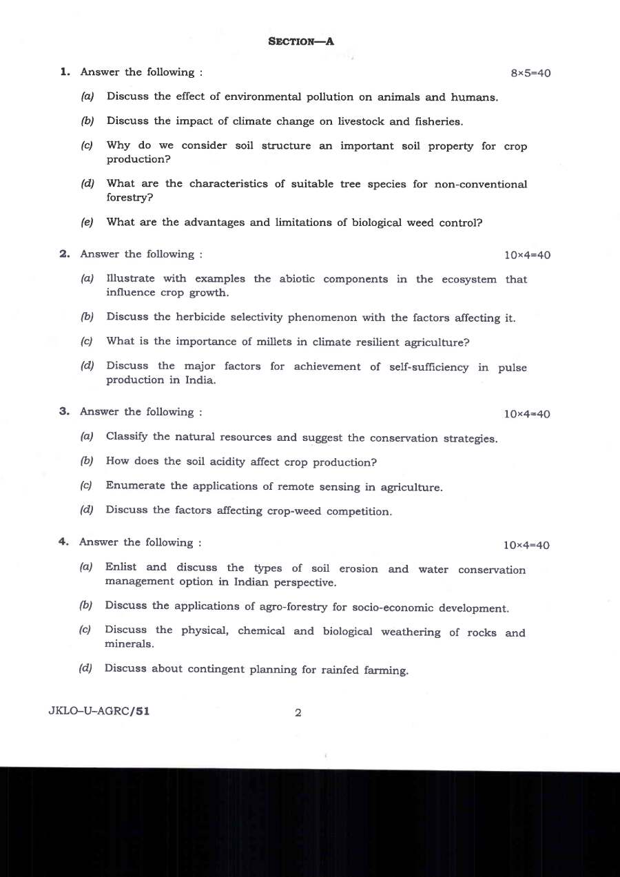 Indian Forest Service Main Examination 2020 Agriculture Paper-I question paper page 1 instructions and exam header scan PDF download