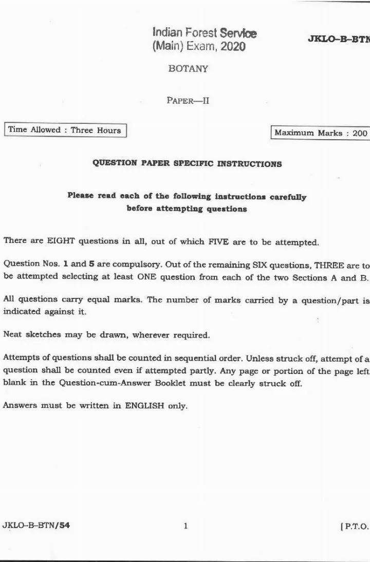 Indian Forest Service Main 2020 Botany Paper II question paper page 1 instructions scan PDF download UPSC IFS