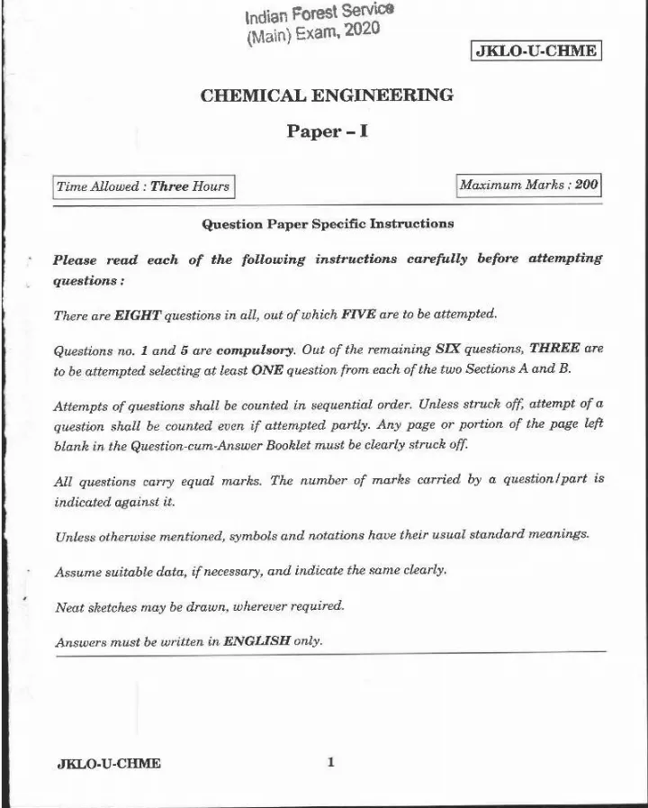 Indian Forest Service (Main) Examination 2020 Chemical Engineering Paper I question paper page 1 instructions and header scan PDF download