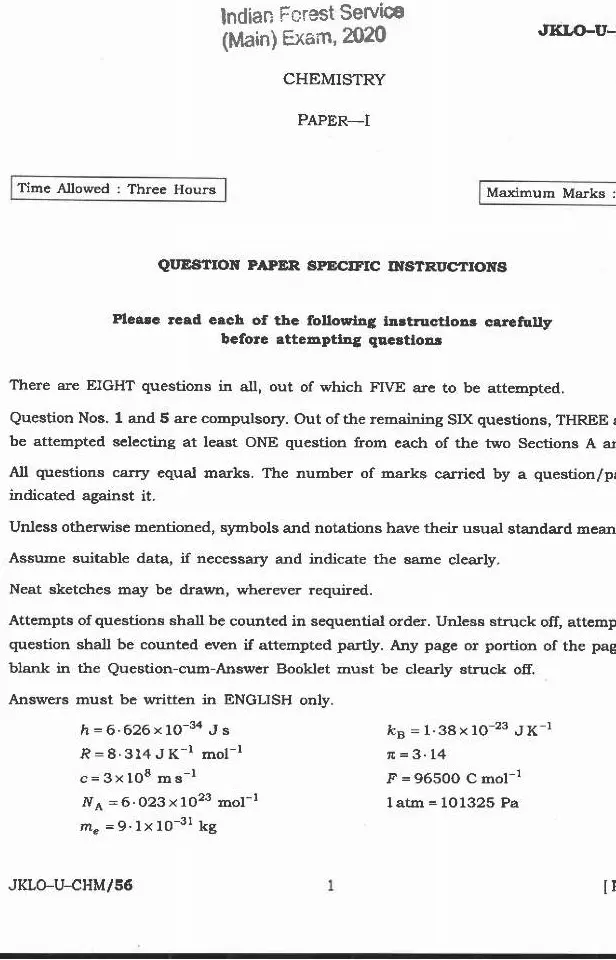 Indian Forest Service 2020 Chemistry Paper-I question paper page 1 instructions scan PDF download UPSC IFS Main Exam
