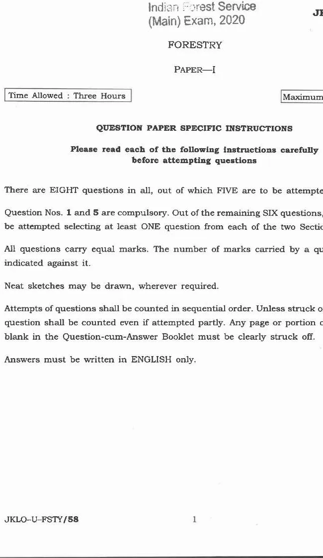 Indian Forest Service (Main) Examination 2020 Forestry Paper-I page 1 instructions and exam header scan PDF download