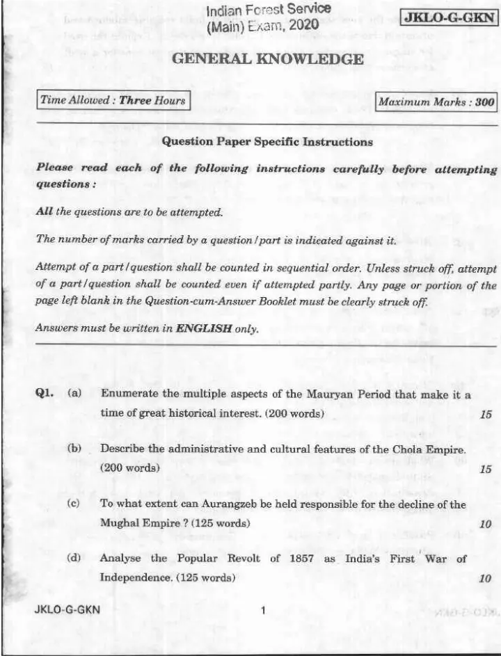 Indian Forest Service (Main) 2020 General Knowledge question paper page 1 instructions scan PDF download UPSC IFS exam