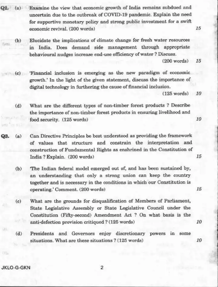 Indian Forest Service (Main) 2020 General Knowledge question paper page 1 instructions scan PDF download UPSC IFS exam