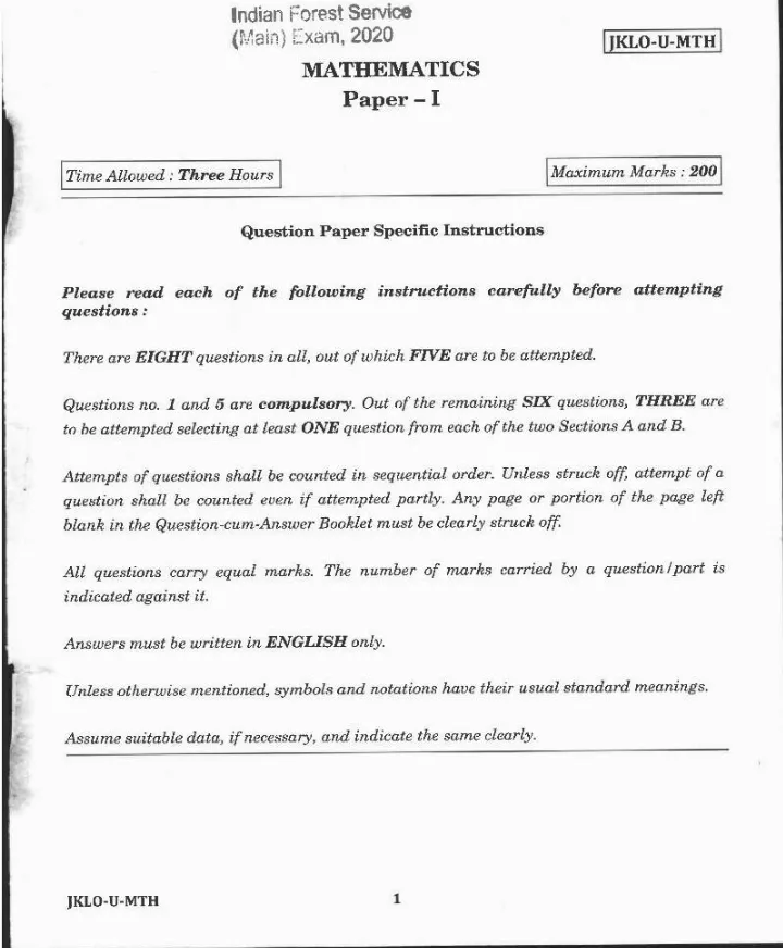 Indian Forest Service 2020 Mathematics Paper-I question paper page 1 instructions scan PDF download UPSC IFS Main Exam