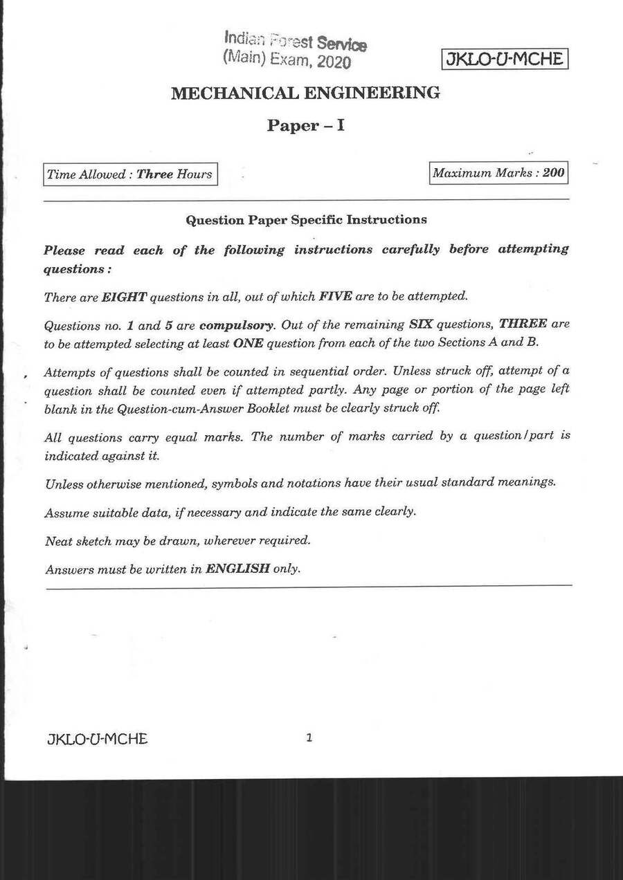 Indian Forest Service (Main) Exam 2020 Mechanical Engineering Paper I page 1 scan, showing UPSC exam details and instructions for candidates. PDF download available.