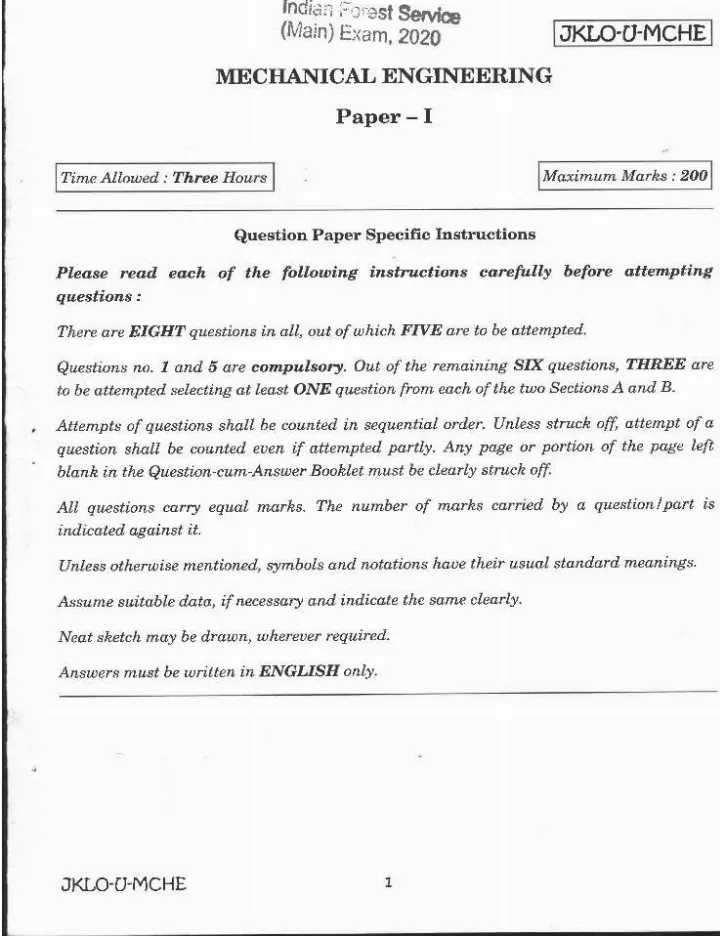 Indian Forest Service (Main) Exam 2020 Mechanical Engineering Paper I page 1 scan, showing UPSC exam details and instructions for candidates. PDF download available.