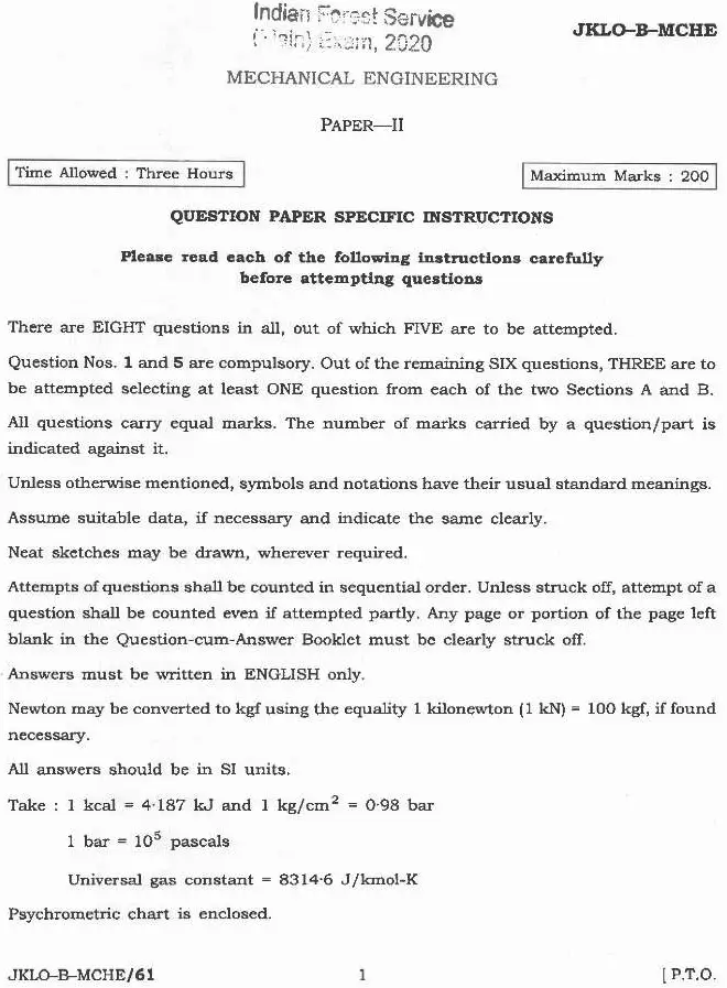 Indian Forest Service 2020 Mechanical Engineering Paper II question paper page 1 instructions scan PDF download
