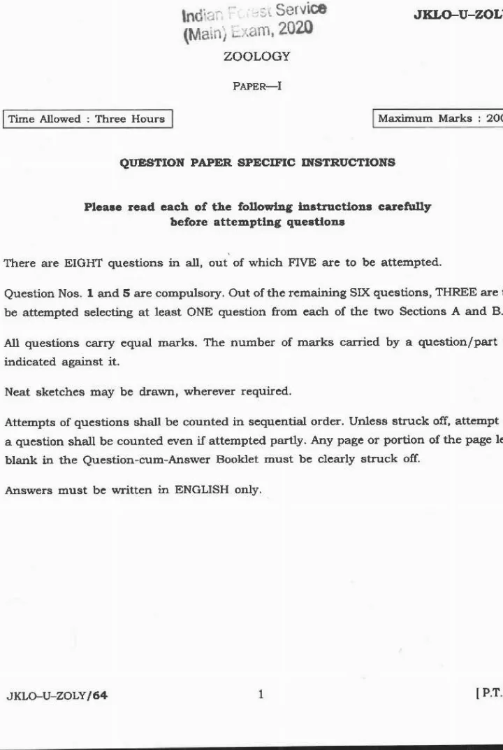 Indian Forest Service 2020 Zoology Paper-I question paper page 1 instructions scan PDF download UPSC IFS Main