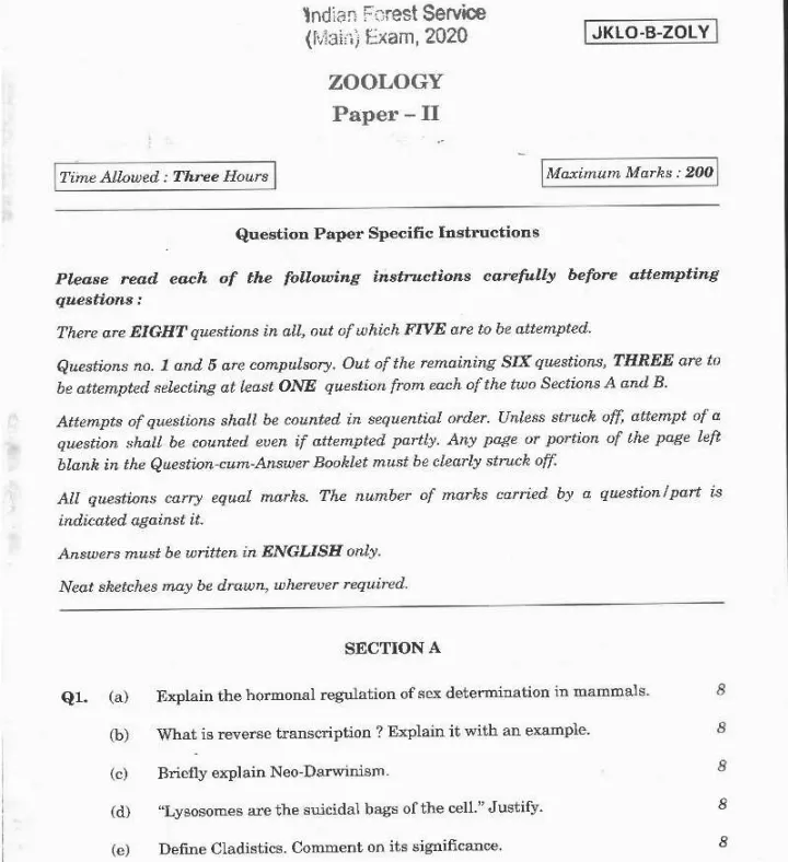 Indian Forest Service 2020 Zoology Paper II question paper page 1 instructions scan PDF download UPSC IFS Main Exam