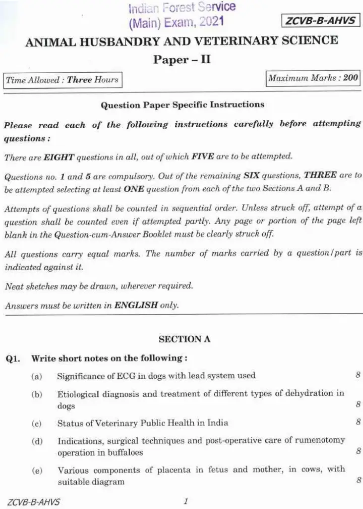 Indian Forest Service (Main) Examination 2021 Animal Husbandry and Veterinary Science Paper II page 1 instructions scan PDF download UPSC