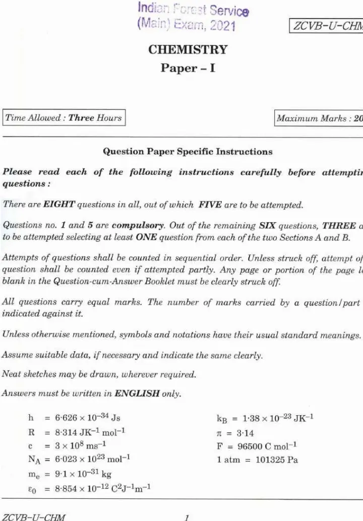 Indian Forest Service (Main) Examination 2021 Chemistry Paper I question paper page 1 instructions scan PDF download
