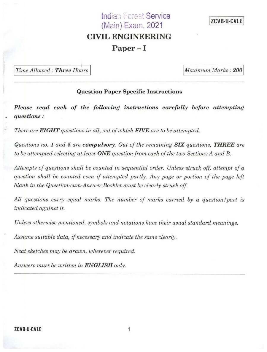 Indian Forest Service 2021 Civil Engineering Paper I question paper page 1 instructions scan PDF download UPSC