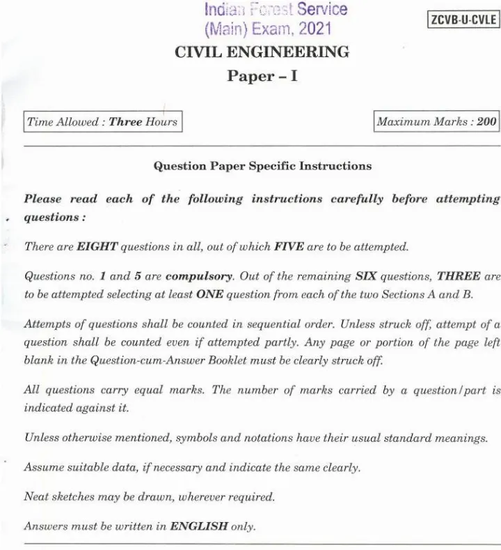 Indian Forest Service 2021 Civil Engineering Paper I question paper page 1 instructions scan PDF download UPSC