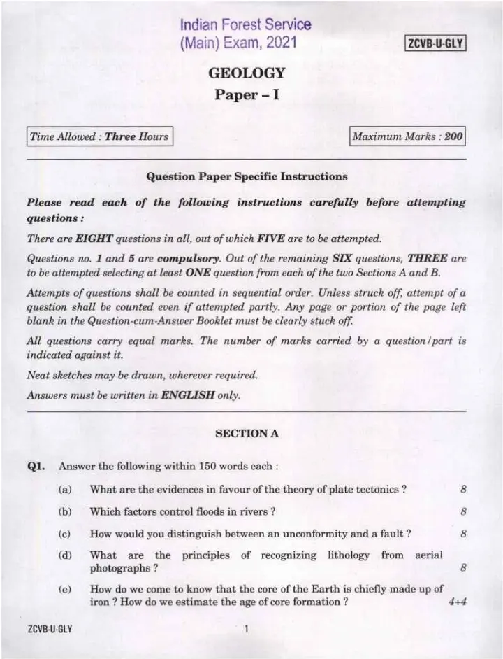 Indian Forest Service (Main) Examination 2021 GEOLOGY Paper I question paper page 1 scan, showing exam name, subject, time, marks, and instructions. UPSC IFS previous year paper PDF download.