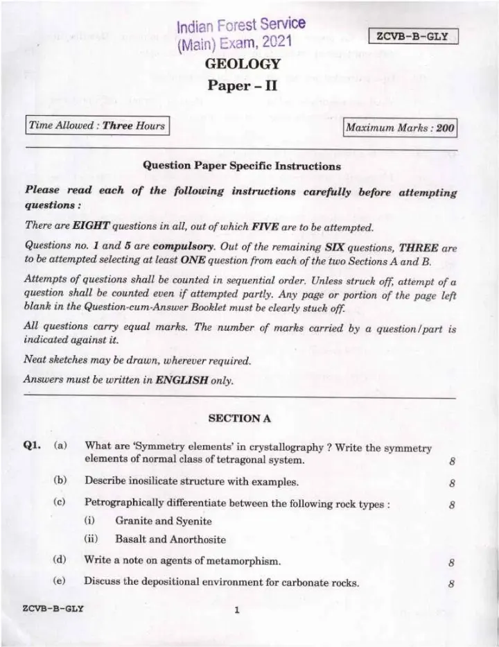 Indian Forest Service (Main) Examination 2021 GEOLOGY Paper II question paper page 1 instructions scan PDF download UPSC