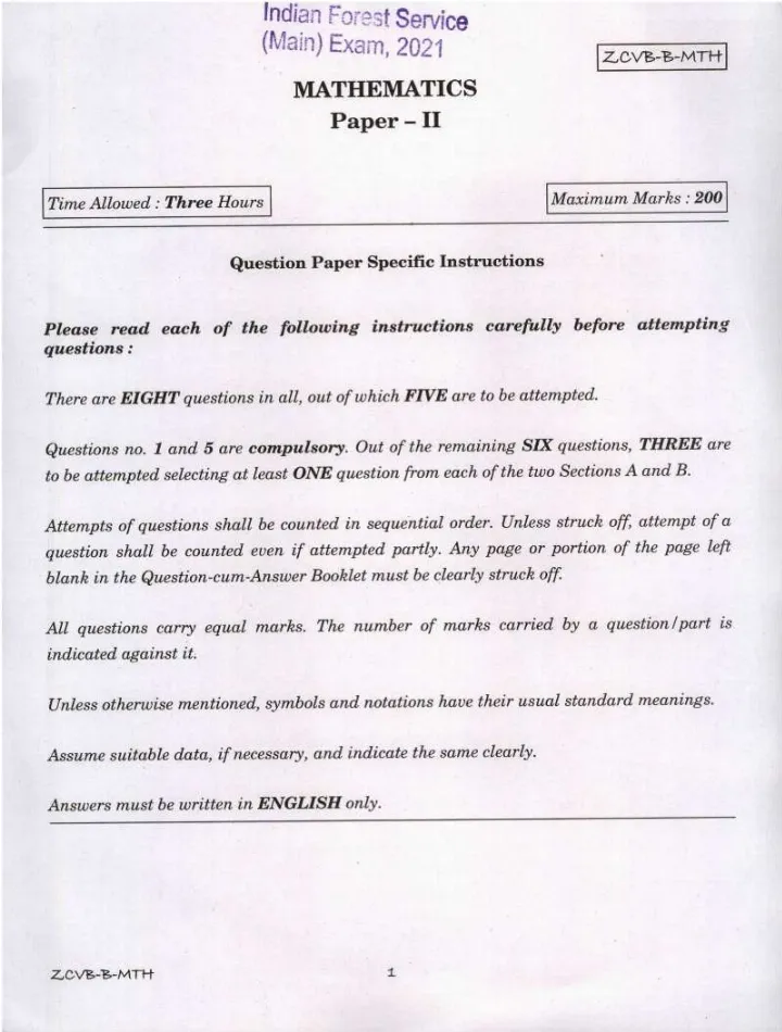 Indian Forest Service (Main) Examination 2021 Mathematics Paper II question paper page 1 instructions scan PDF download
