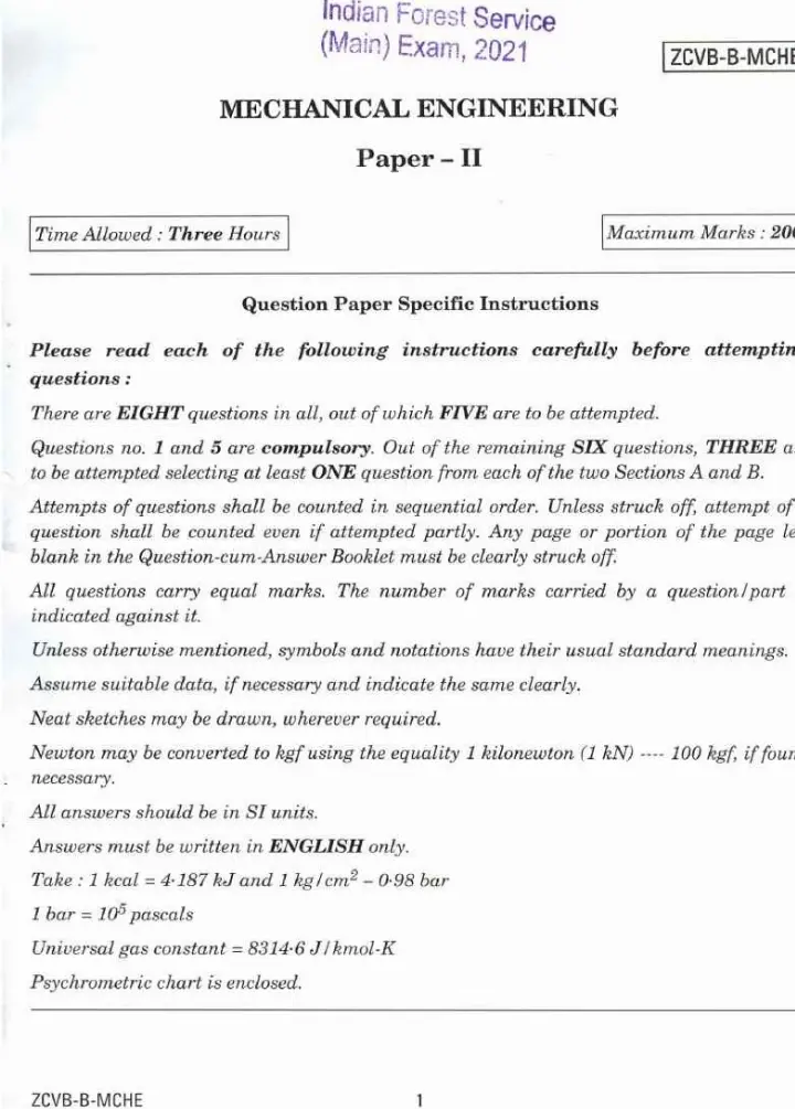 Indian Forest Service Main 2021 Mechanical Engineering Paper II question paper page 1 instructions scan PDF download