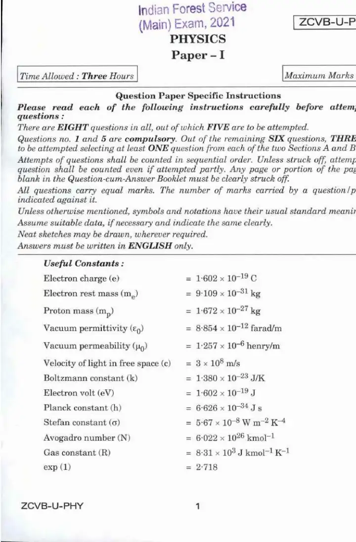 Indian Forest Service (Main) 2021 Physics Paper I question paper page 1 instructions scan PDF download