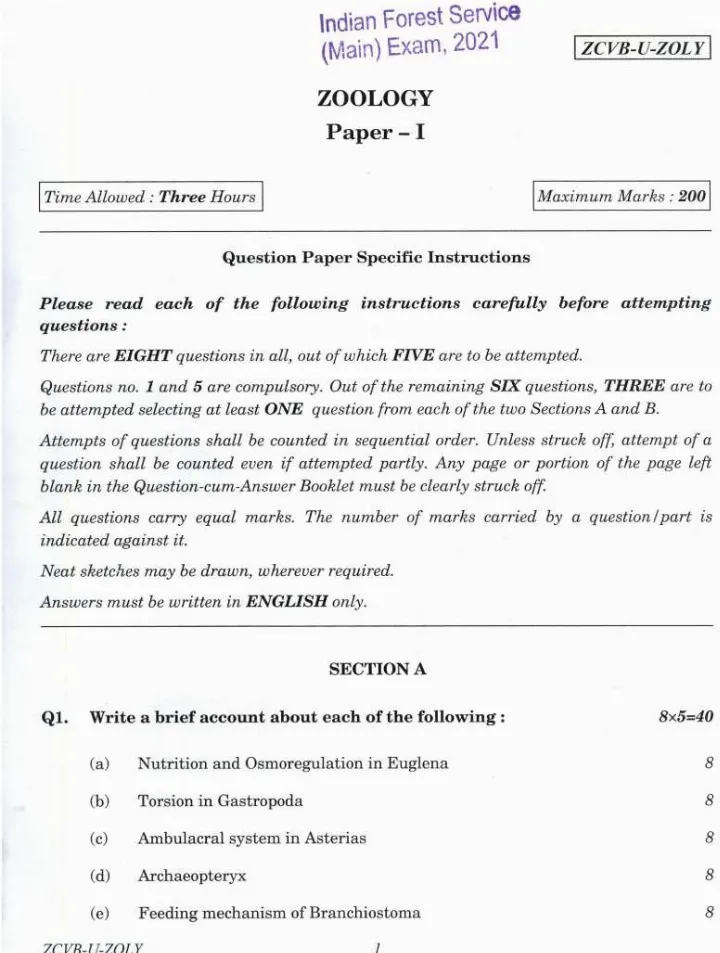 Indian Forest Service 2021 Zoology Paper I question paper page 1 instructions scan PDF download UPSC IFS Main Exam