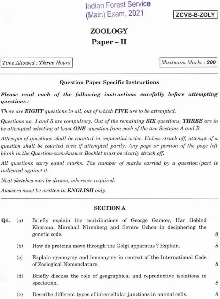 Indian Forest Service (Main) Examination 2021 Zoology Paper II question paper page 1 scan, showing exam details, paper code ZCVB-B-ZOLY, marks, time, and instructions. UPSC IFS exam paper PDF download.