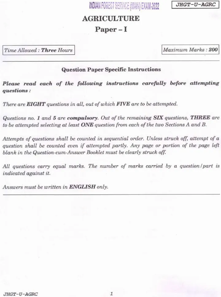 Indian Forest Service (Main) Examination 2022 Agriculture Paper I question paper page 1 instructions scan PDF download