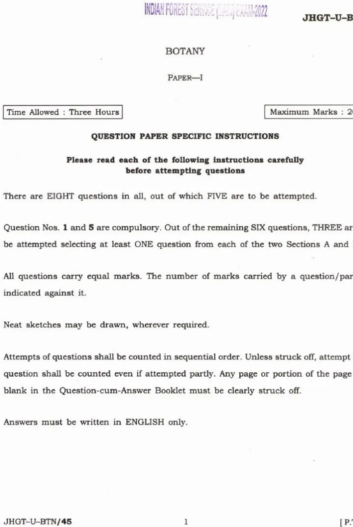 Indian Forest Service (Main) Examination 2022 Botany Paper-I question paper page 1 scan, showing UPSC exam instructions and paper details. PDF download.