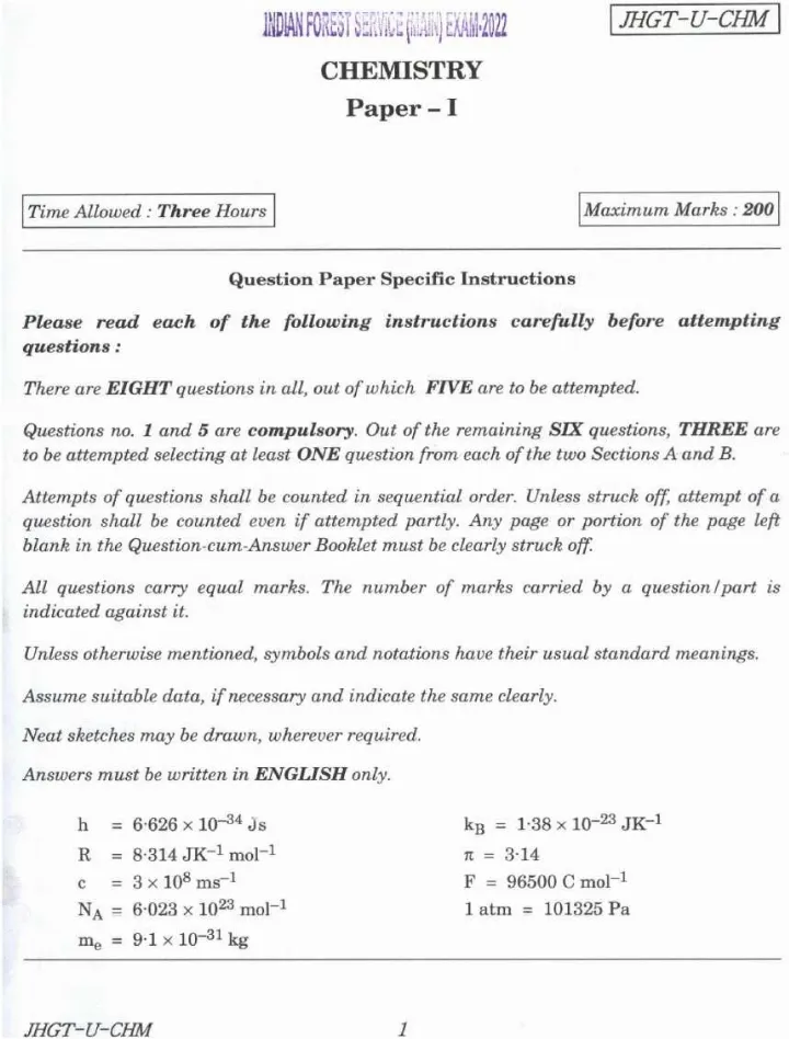 Indian Forest Service (Main) Examination 2022 Chemistry Paper I question paper page 1 instructions and header scan PDF download