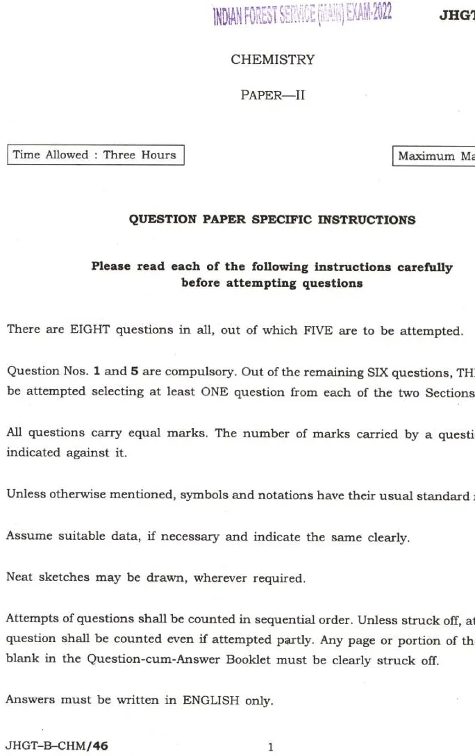 Indian Forest Service (Main) Examination 2022 Chemistry Paper II question paper page 1 instructions scan PDF download UPSC