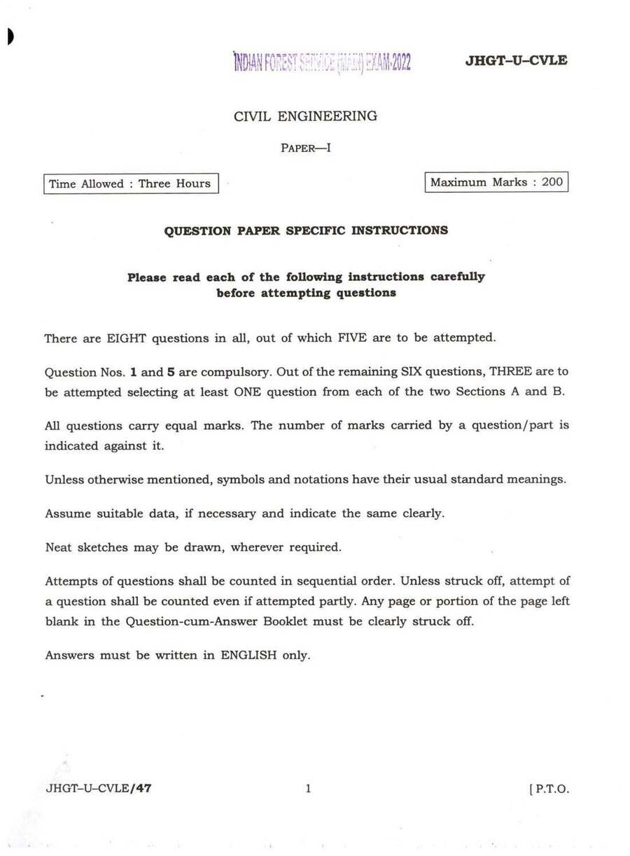 Indian Forest Service 2022 Civil Engineering Paper-I question paper page 1 instructions scan PDF download UPSC