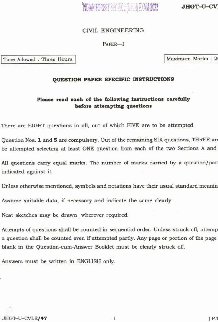 Indian Forest Service 2022 Civil Engineering Paper-I question paper page 1 instructions scan PDF download UPSC