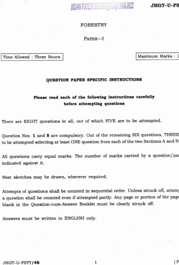 Indian Forest Service 2022 Forestry Paper-I question paper page 1 instructions scan PDF download