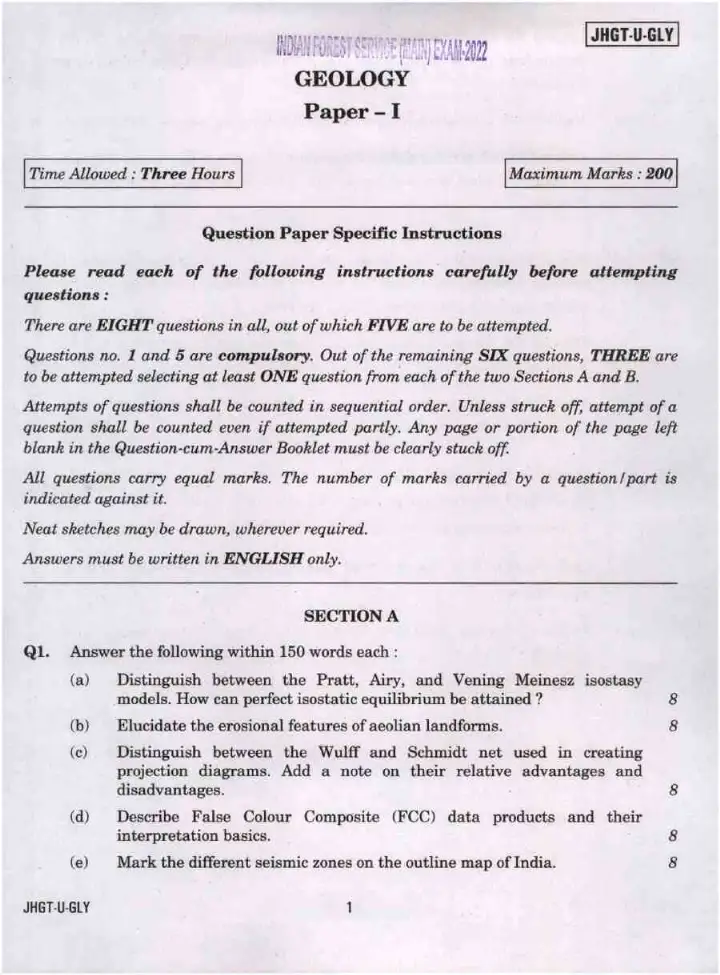 Indian Forest Service Main 2022 Geology Paper I question paper page 1 scan PDF download, UPSC IFS exam instructions