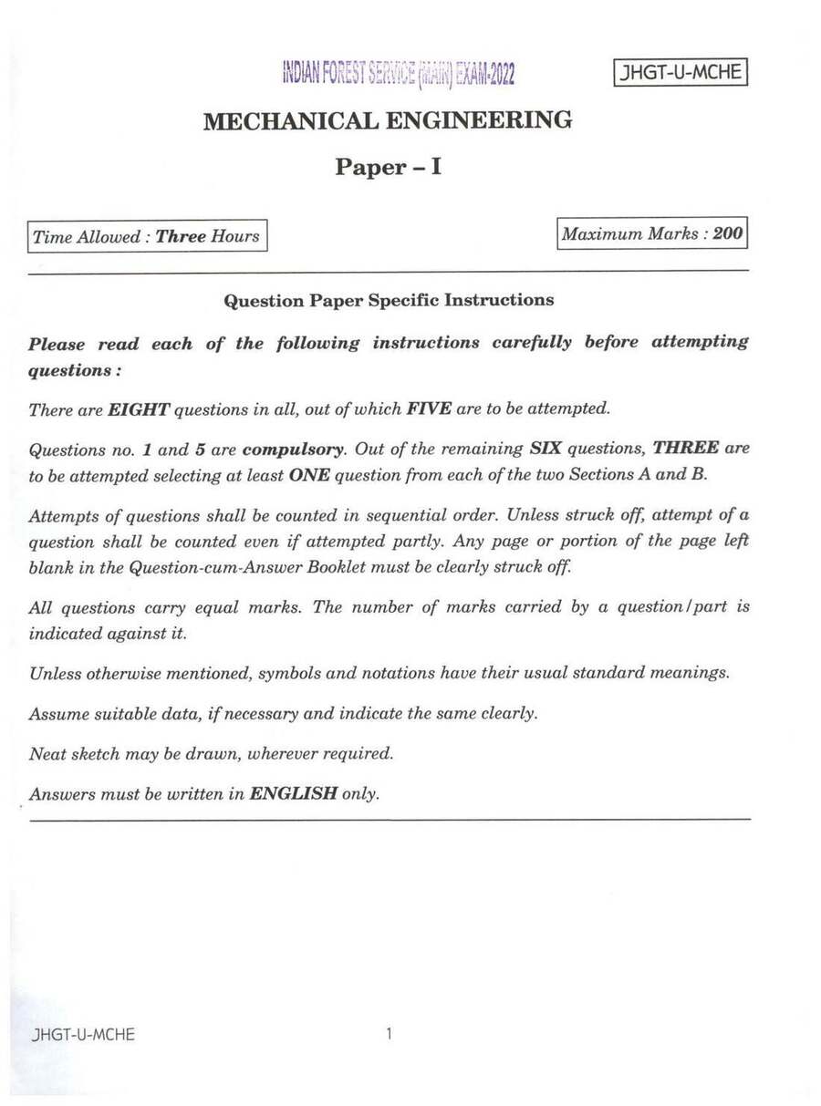 Indian Forest Service Main 2022 Mechanical Engineering Paper I question paper page 1 instructions scan PDF download UPSC