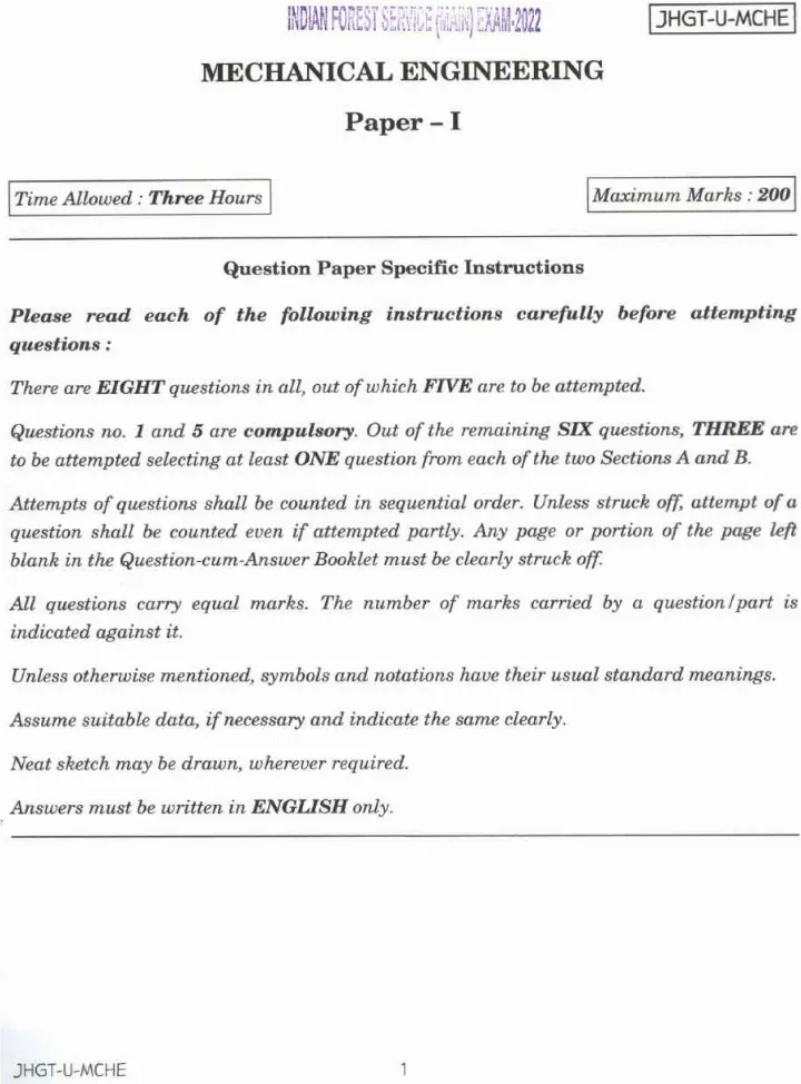 Indian Forest Service Main 2022 Mechanical Engineering Paper I question paper page 1 instructions scan PDF download UPSC