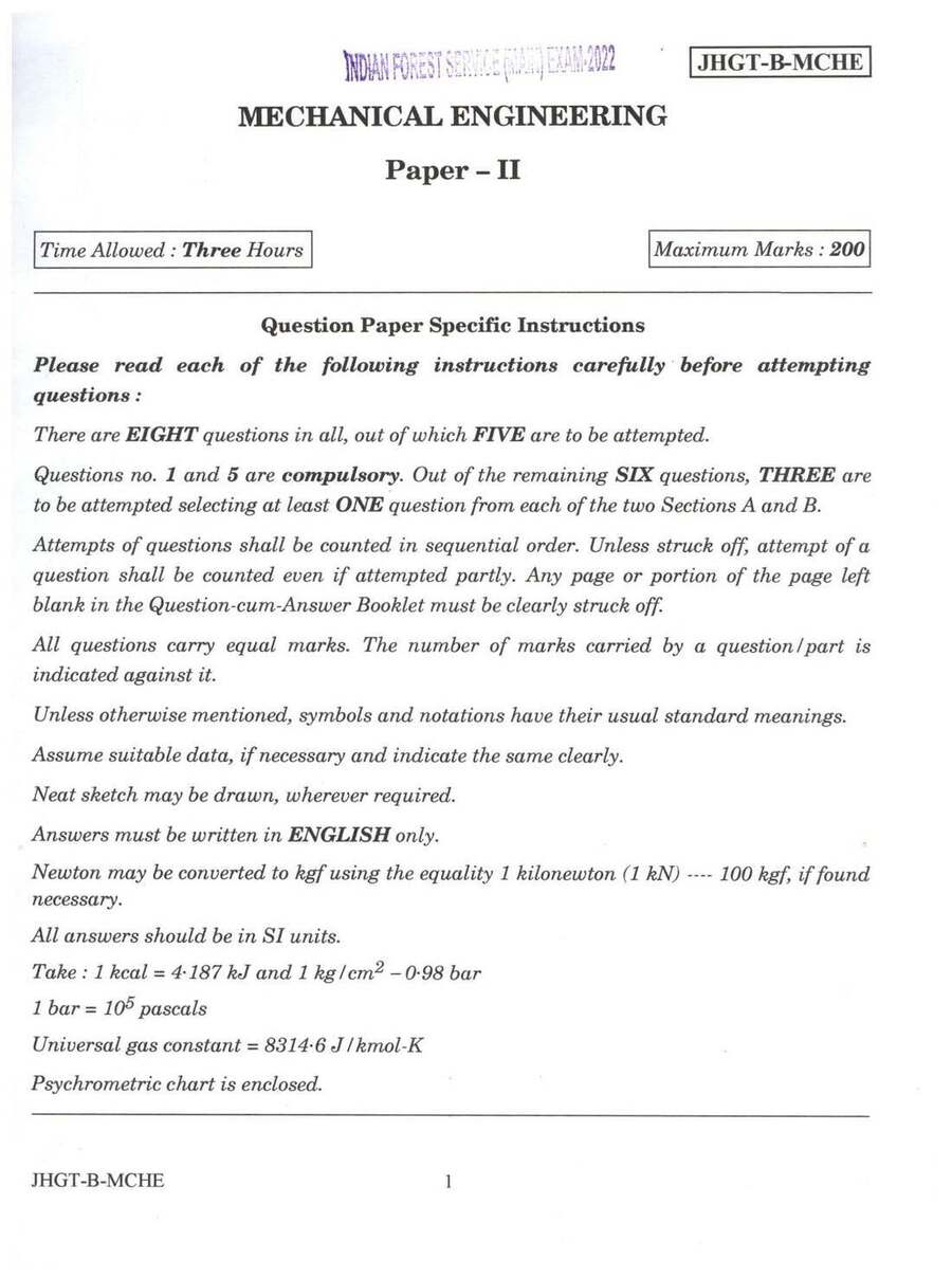 Indian Forest Service 2022 Mechanical Engineering Paper II question paper page 1 instructions scan PDF download UPSC IFS Main