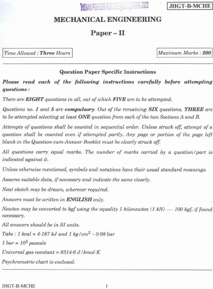 Indian Forest Service 2022 Mechanical Engineering Paper II question paper page 1 instructions scan PDF download UPSC IFS Main