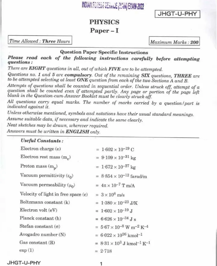 Indian Forest Service Main 2022 Physics Paper I question paper page 1 instructions and exam header scan PDF download
