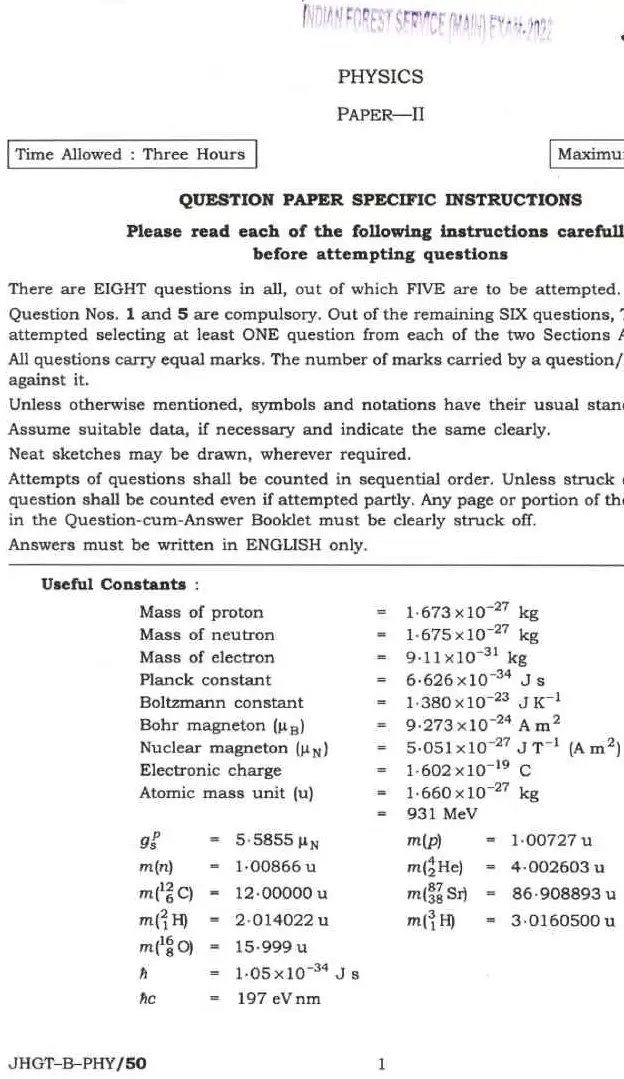 Indian Forest Service (Main) Examination 2022 Physics Paper II question paper page 1 scan PDF download, showing exam header and instructions.