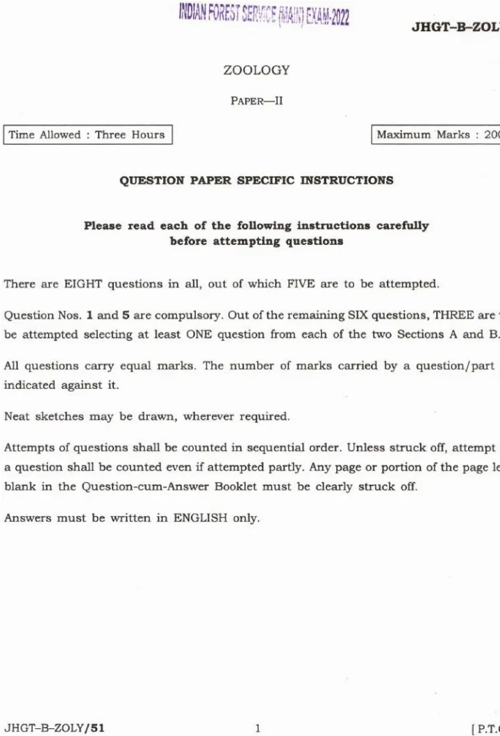 Indian Forest Service (Main) Examination 2022 Zoology Paper II question paper page 1 instructions scan PDF download