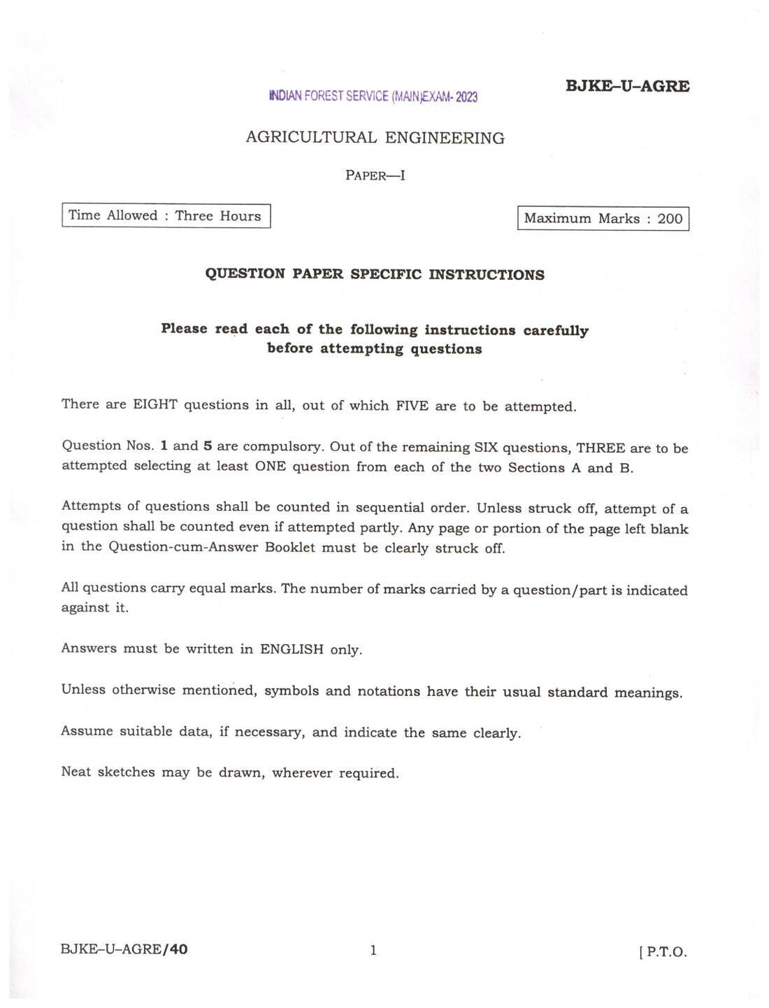 Indian Forest Service (Main) Examination 2023 Agricultural Engineering Paper I page 1 instructions scan PDF download UPSC