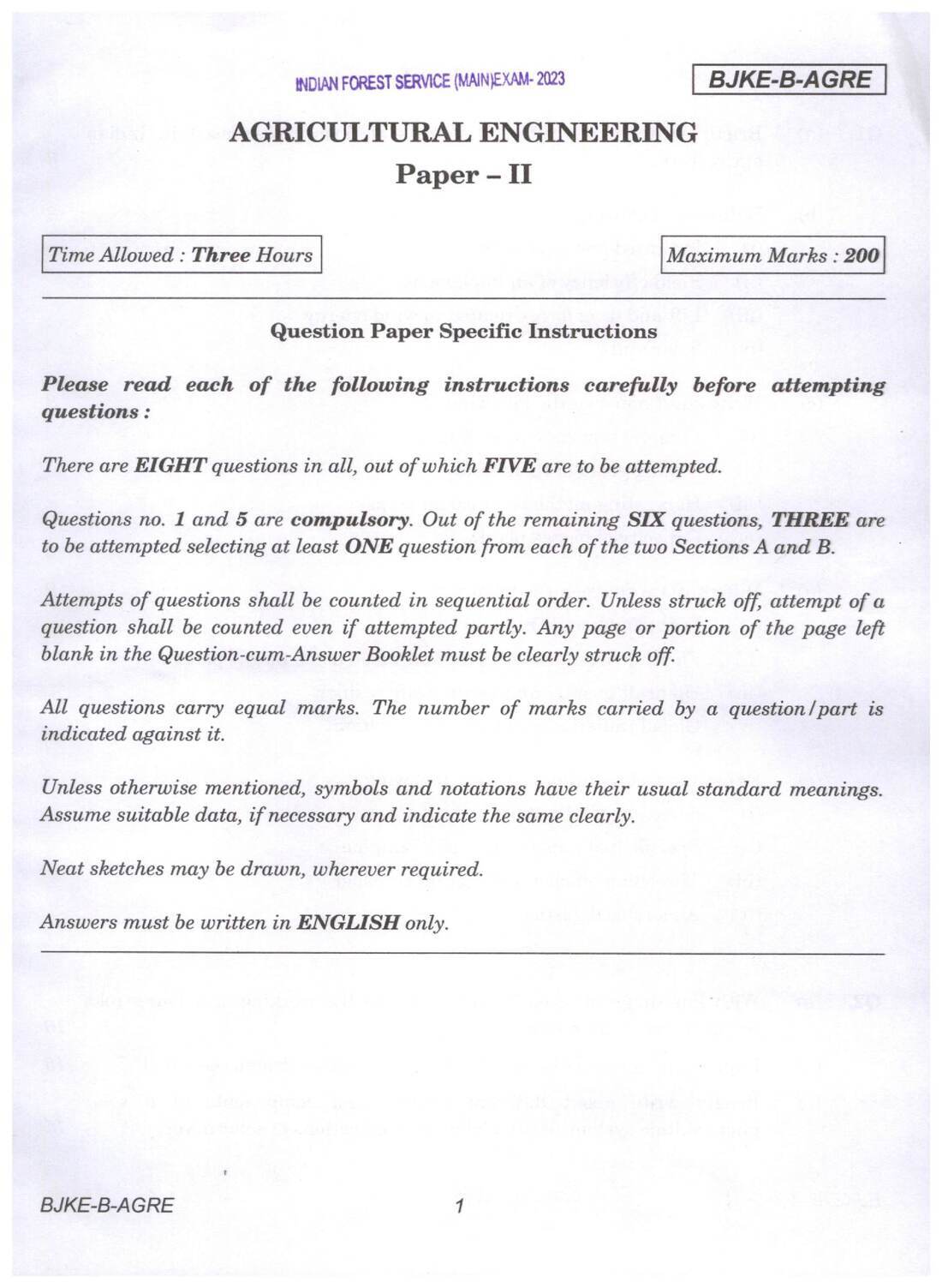 Indian Forest Service Main Examination 2023 Agricultural Engineering Paper II page 1 instructions scan PDF download UPSC
